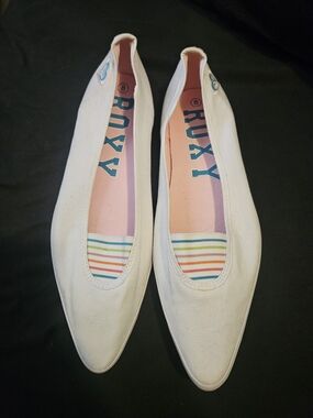 Roxy White Canvas Slip-On Flats with Pink Insole and Rainbow Stripe